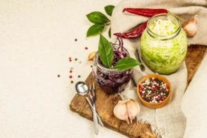 Sklenené poháre s kyslou kapustou a nakladanou cibuľou, obklopené koreninami, strúčikmi cesnaku a chilli – prírodné zdroje probiotík podporujúcich zdravé trávenie.