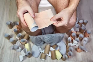 Krvavá stopa na toaletnom papieri a v stolici, znázornenie prítomnosti krvi ako varovného príznaku ochorení tráviaceho traktu.