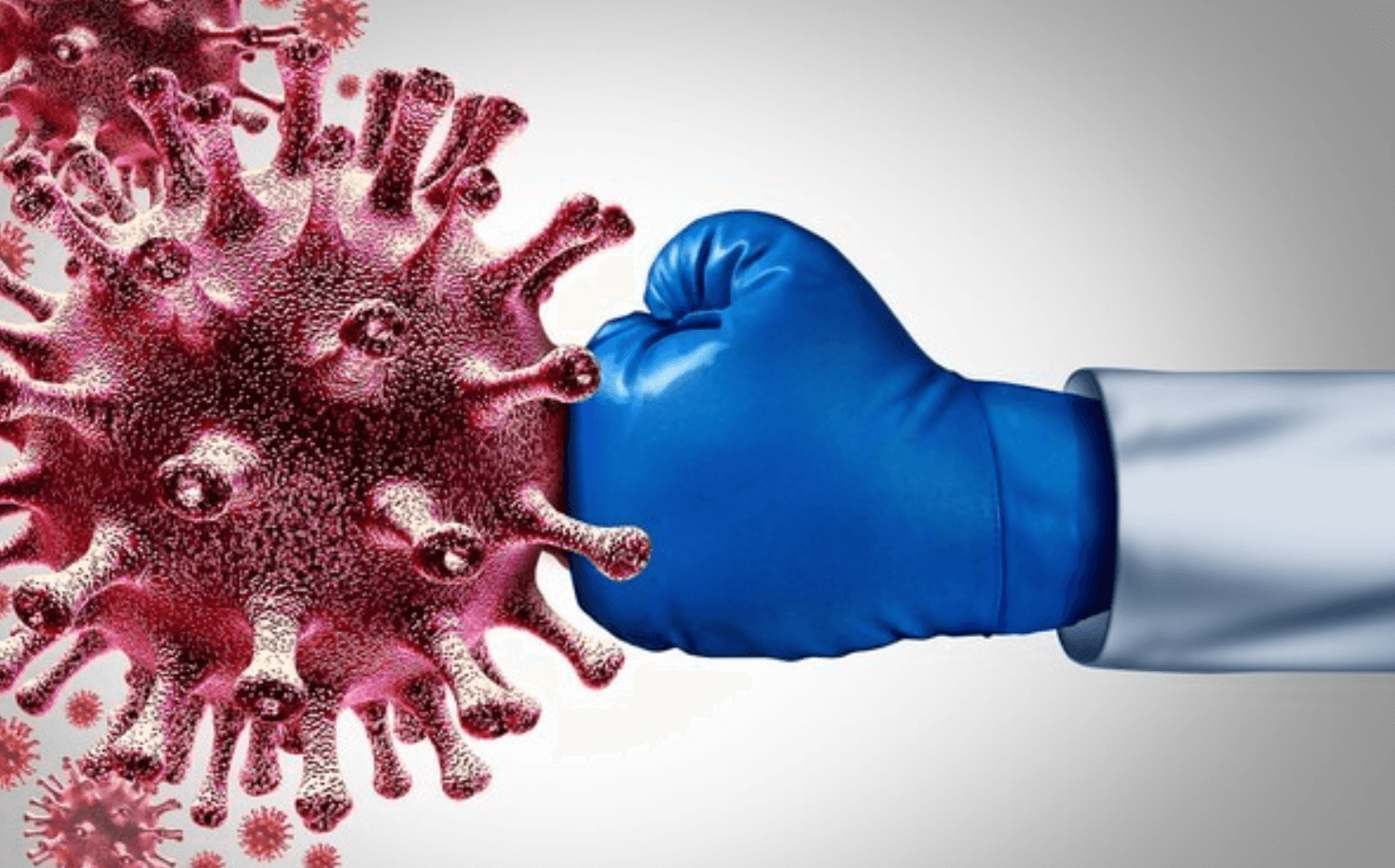 Boxerská rukavica v modrej farbe udiera do obrovského vírusu – symbolizuje posilnený imunitný systém v boji proti ochoreniam.