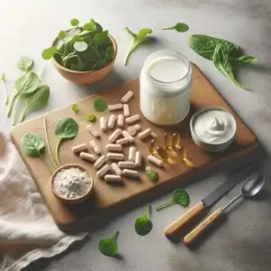Biele kapsuly a jogurt so živými kultúrami na stole, symbolizujúce probiotiká a ich úlohu v podpore zdravej črevnej mikroflóry.