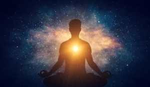 Meditujúci človek v lotosovom sede so žiariacim svetlom v oblasti srdca na pozadí hviezdneho vesmíru, symbolizujúci vnútorný pokoj a spojenie mysle s telom.
