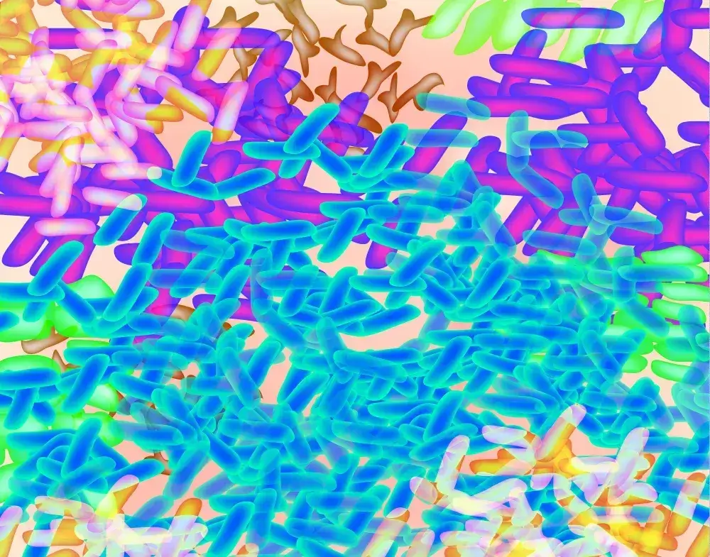 Ilustračný obrázok rôznych druhov probiotických baktérií pod mikroskopom – pestré farby symbolizujú rozmanitosť črevnej mikroflóry.