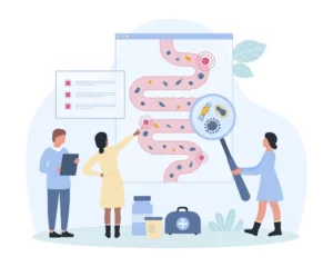 Ilustrácia črevného traktu so znázornením rôznych mikroorganizmov, vedci skúmajú črevá lupou – mikrobiom v centre pozornosti pre zdravie črevného systému.